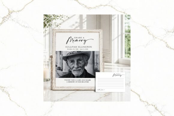 Elegant Memorial Table Styling with Share a Memory Sign & Card Canva FR003
